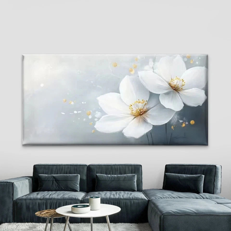 Abstract White Flowers Vintage Wall Art Canvas Office Home Room Framed 120x60cm