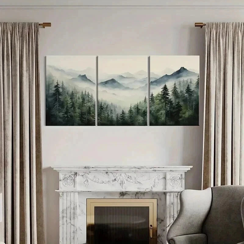 3pcs Misty Mountain Landscape Forest Scenery Wall Art Set Canvas Framed 60x90cm - High Quality Print 100% Australian Made Wall Canvas Ready to Hang - Bella Home Decor