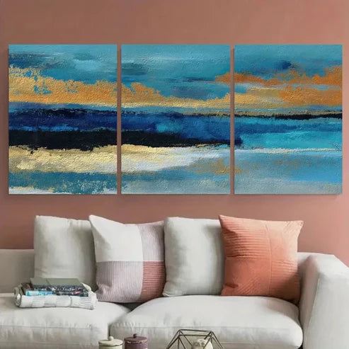 3pcs Blue Seascape Textured Sunrise Wall Art Canvas Unframed - High Quality Print 100% Australian Made Wall Canvas - Bella Home Decor