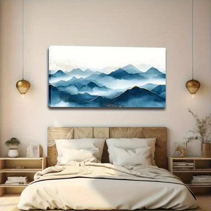 Teal Blue Mountains & Snow Wall Art canvas office home room framed 120x60cm - Bella Home Decor