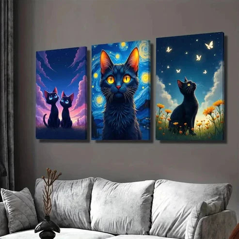 3pcs Night Cat Triptych Yellow Eyes Wall Art Set Canvas Unframed - High Quality Print 100% Australian Made Wall Canvas