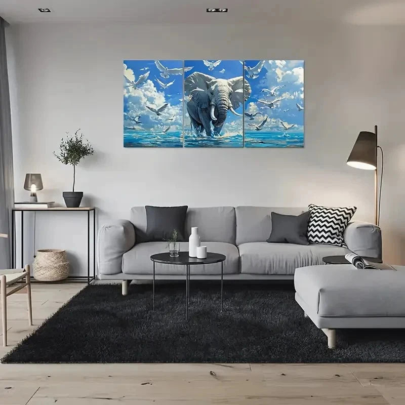 3pcs Ocean Journey Elephant Blue Sky Seagulls Metal Print Ready to Hang Art