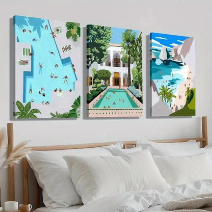 3pcs Vibrant Moroccan Swimming Pool Perfect Wall Art Set Canvas Framed 50x70cm - High Quality Print 100% Australian Made Wall Canvas Ready to Hang - Bella Home Decor