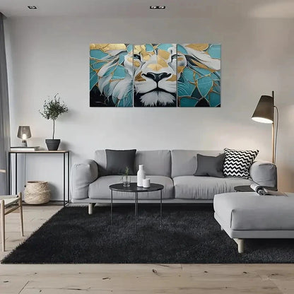 3pcs Lion Golden & Teal Geometric Wall Art Set Canvas Framed 60x90cm - High Quality Print 100% Australian Made Wall Canvas Ready to Hang