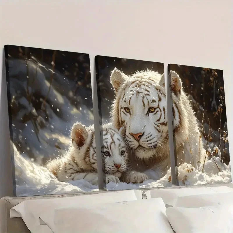 3pcs White Tiger Mother and Cub Painting Wall Art Set Canvas Framed 40x60cm - High Quality Print 100% Australian Made Wall Canvas Ready to Hang