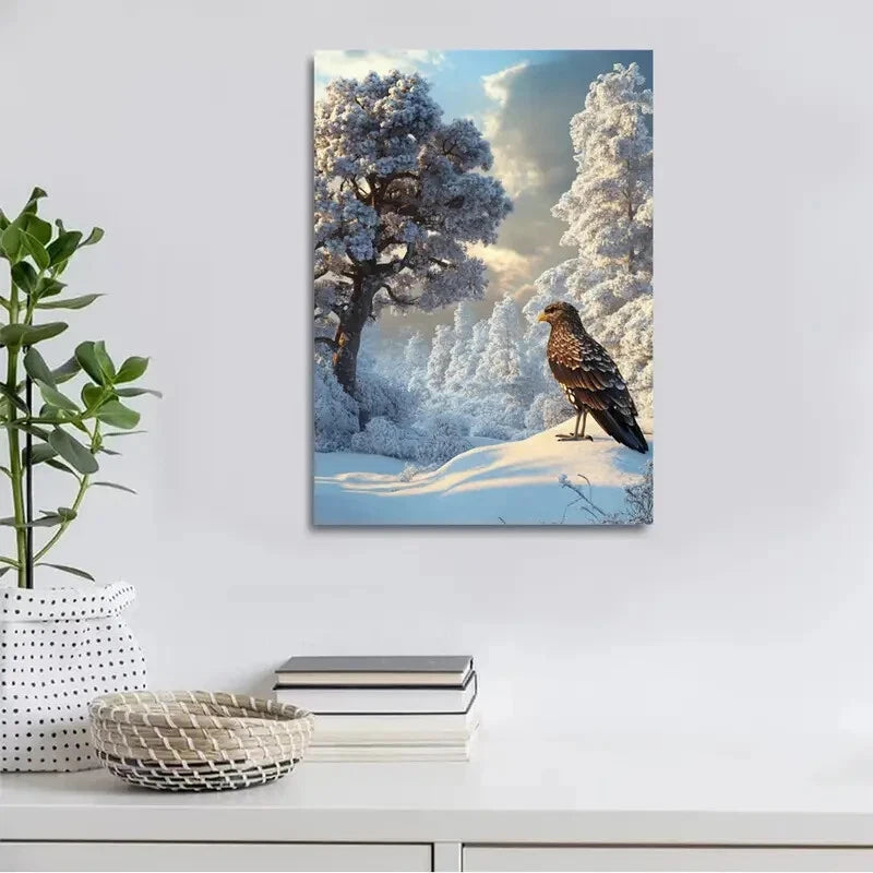 Medieval Bird & Tree on Snowy Landscape Painting 40x60cm Metal Print Ready to Hang - Bella Home Decor