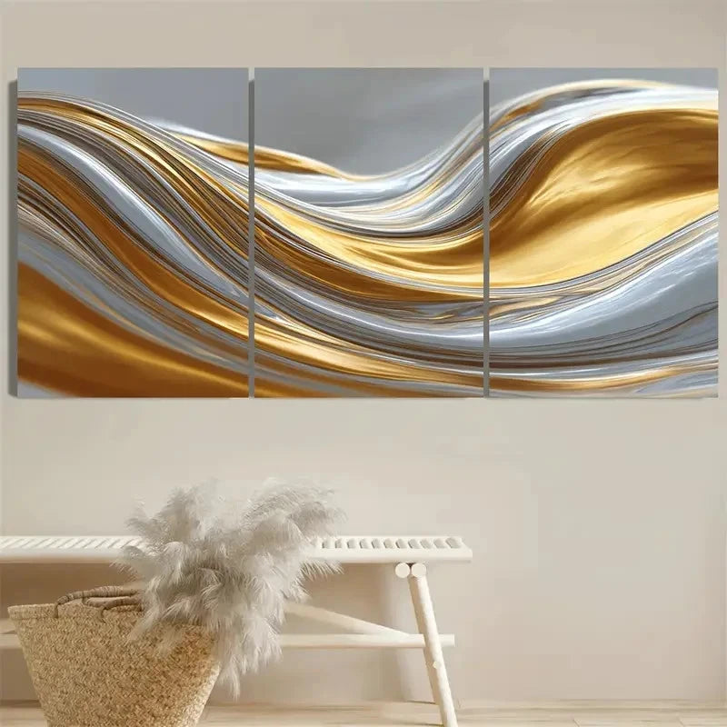 3pcs Elegant Golden Silvery Wave Fluid Accent Wall Art Set Canvas Framed 60x90cm - High Quality Print 100% Australian Made Wall Canvas Ready to Hang
