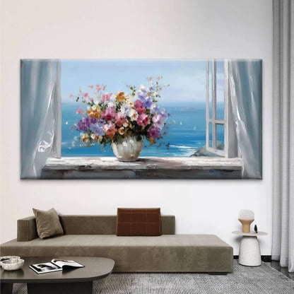 Vase of Flowers, & Ocean View Wall Art Canvas Office Home Room Framed 120x60cm