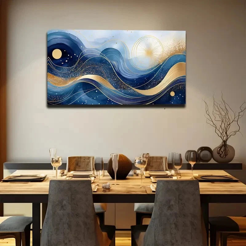 Abstract Blue and Golden Wall Art canvas office home room framed 120x60cm - Bella Home Decor