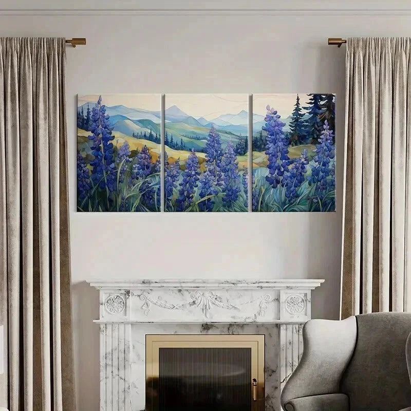 3pcs Mountain Landscape Blue Lupine Flowers Wall Art Set Canvas Framed 40x60cm - High Quality Print 100% Australian Made Wall Canvas Ready to Hang - Bella Home Decor