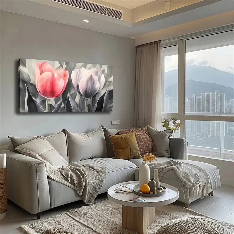 Pink & Purple Flowers Green Wall Art Canvas Office Home Room Framed 120x60cm