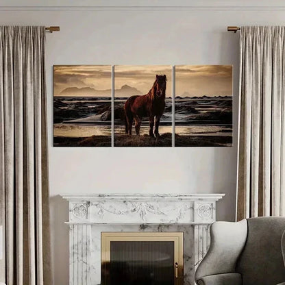 3pcs Brown Horse Near a River & Sunset Wall Art Canvas Unframed - High Quality Print 100% Australian Made Wall Canvas - Bella Home Decor