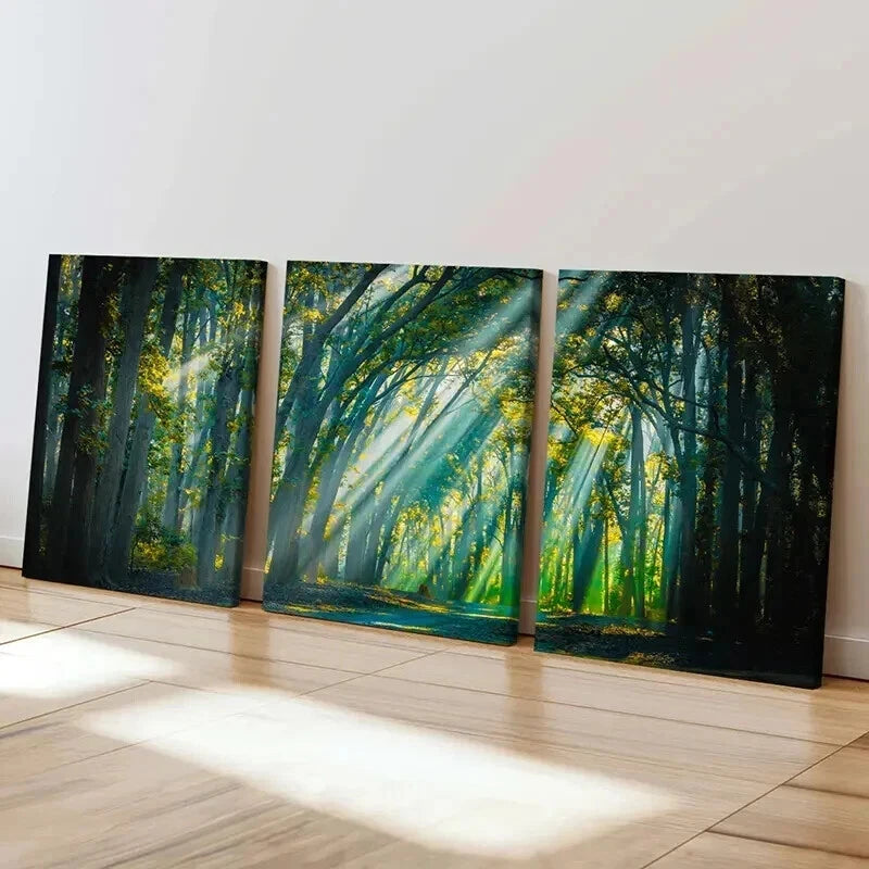3pcs Forest Trees Sunshine Tyndall Effect Wall Art Set Canvas Framed 60x90cm - High Quality Print 100% Australian Made Wall Canvas Ready to Hang - Bella Home Decor