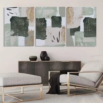3pcs Green and Golden Watercolor Shape  Wall Art Set Canvas Framed 50x70cm - High Quality Print 100% Australian Made Wall Canvas Ready to Hang