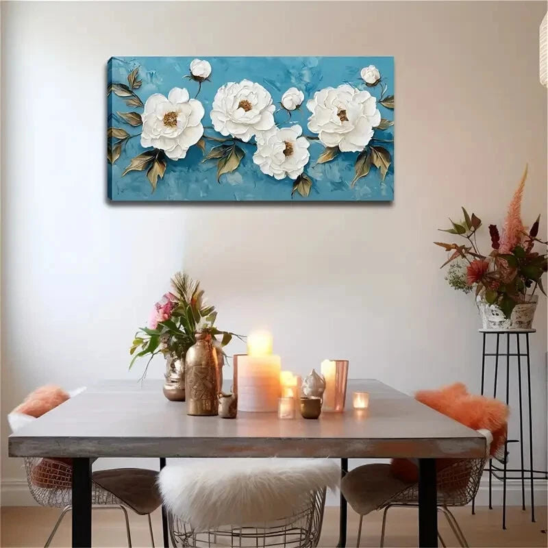 Blooming White Flowers & Buds Wall Art Canvas Office Home Room Framed 120x60cm - Bella Home Decor