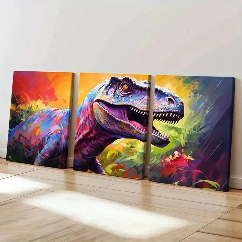 3pcs Vibrant T-Rex Painting Dinosaur Wall Art Set Canvas Framed 60x90cm - High Quality Print 100% Australian Made Wall Canvas Ready to Hang - Bella Home Decor