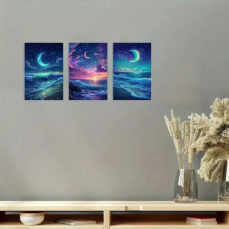 3pcs Sparkling Waves & Crescent Moon   Wall Art Canvas Framed 40x60cm - High Quality Print 100% Australian Made Wall Canvas Ready to Hang - Bella Home Decor