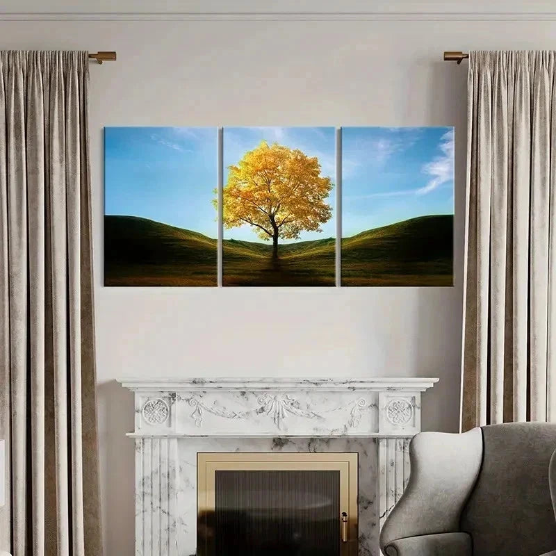 3pcs Golden Trees In The Valley Modern Wall Art Set Canvas Framed 40x60cm - High Quality Print 100% Australian Made Wall Canvas Ready to Hang - Bella Home Decor