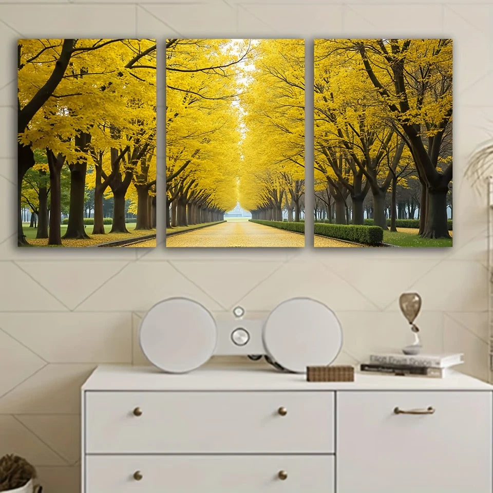 3pcs Autumn Road with Golden Trees Wall Art Set Canvas Framed 50x70cm - High Quality Print 100% Australian Made Wall Canvas Ready to Hang - Bella Home Decor