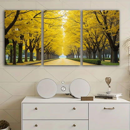 3pcs Autumn Road with Golden Trees Wall Art Set Canvas Framed 50x70cm - High Quality Print 100% Australian Made Wall Canvas Ready to Hang - Bella Home Decor