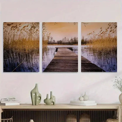 3pcs Scenic Lake Sunset Triptych Paintings Wall Art Canvas Unframed - High Quality Print 100% Australian Made Wall Canvas