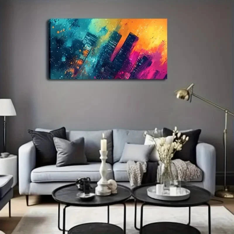 Vibrant Cityscape Splash Smudge Wall Art Canvas Office Home Room Framed 120x60cm