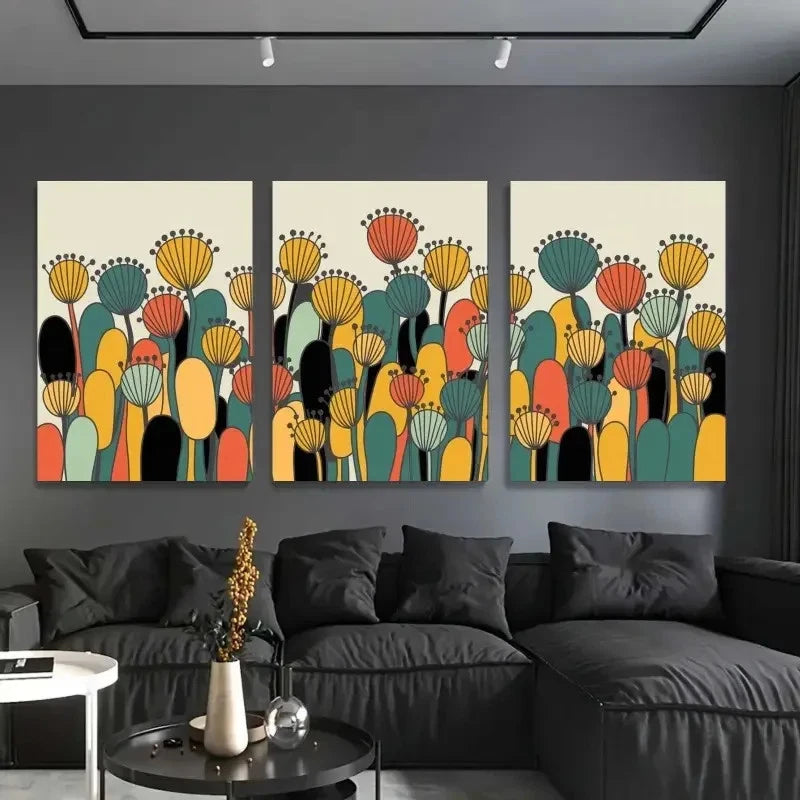 3pcs Abstract Flowers Geometric Shapes Metal Print Ready to Hang Art - Bella Home Decor