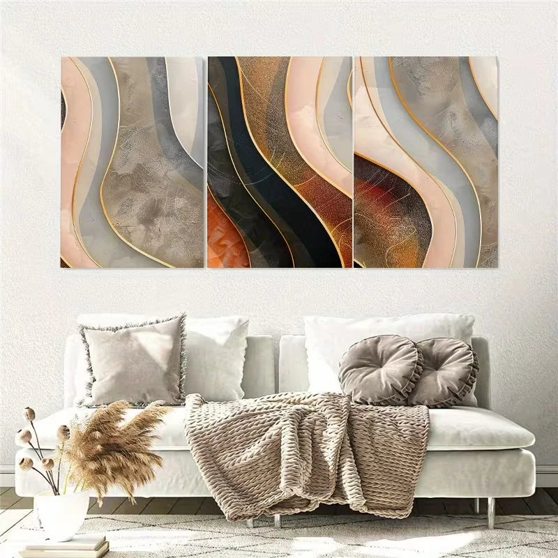 3pcs Abstract Golden Wavy Line Wall Art Set Canvas Framed 50x70cm - High Quality Print 100% Australian Made Wall Canvas Ready to Hang - Bella Home Decor