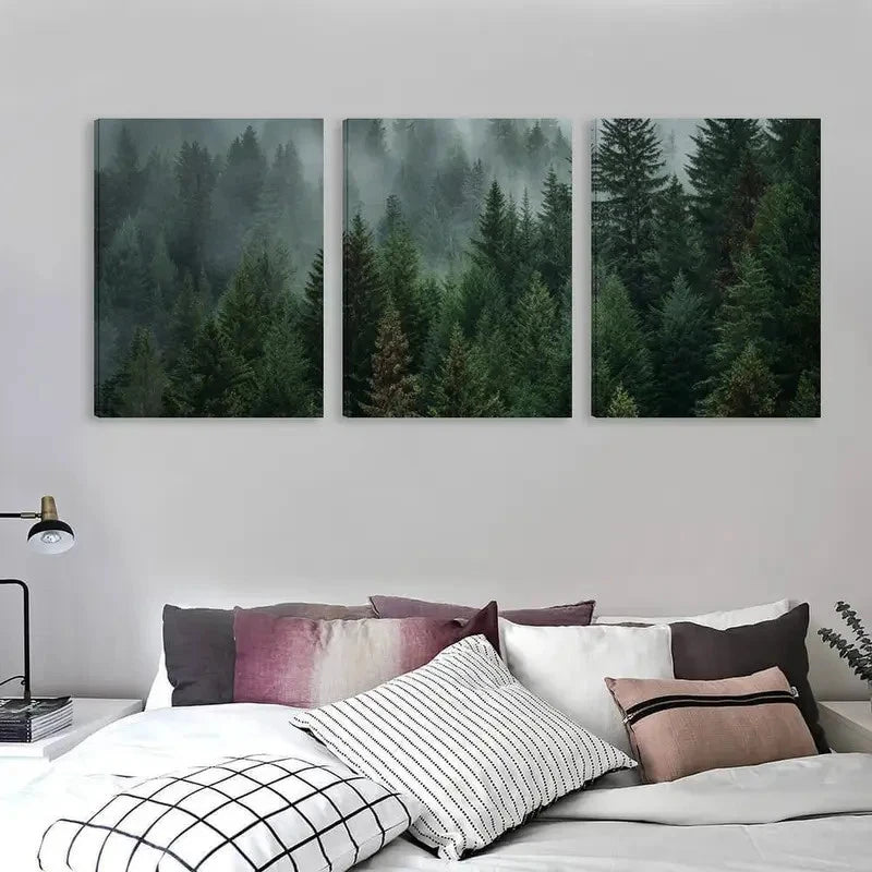 3pcs Misty Pine Forest Evergreen Trees in Green   Wall Art Set Canvas Framed 50x70cm - High Quality Print 100% Australian Made Wall Canvas Ready to Hang