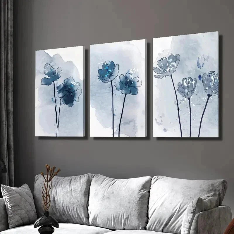 3pcs Botanical Blue Flower Decorations Wall Art Set Canvas Framed 50x70cm - High Quality Print 100% Australian Made Wall Canvas Ready to Hang