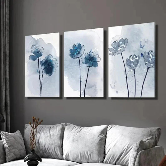 3pcs Botanical Blue Flower Decorations Wall Art Set Canvas Framed 50x70cm - High Quality Print 100% Australian Made Wall Canvas Ready to Hang