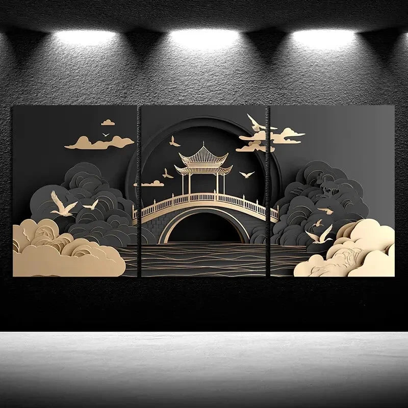 3pcs Beautiful Arch Bridge Golden Themed Metal Print Ready to Hang Art - Bella Home Decor