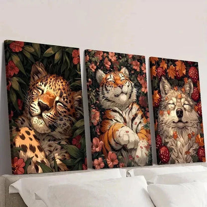 3pcs Leopard Tiger Wolf Sleeping on Flowers Wall Art Canvas Unframed - High Quality Print 100% Australian Made Wall Canvas