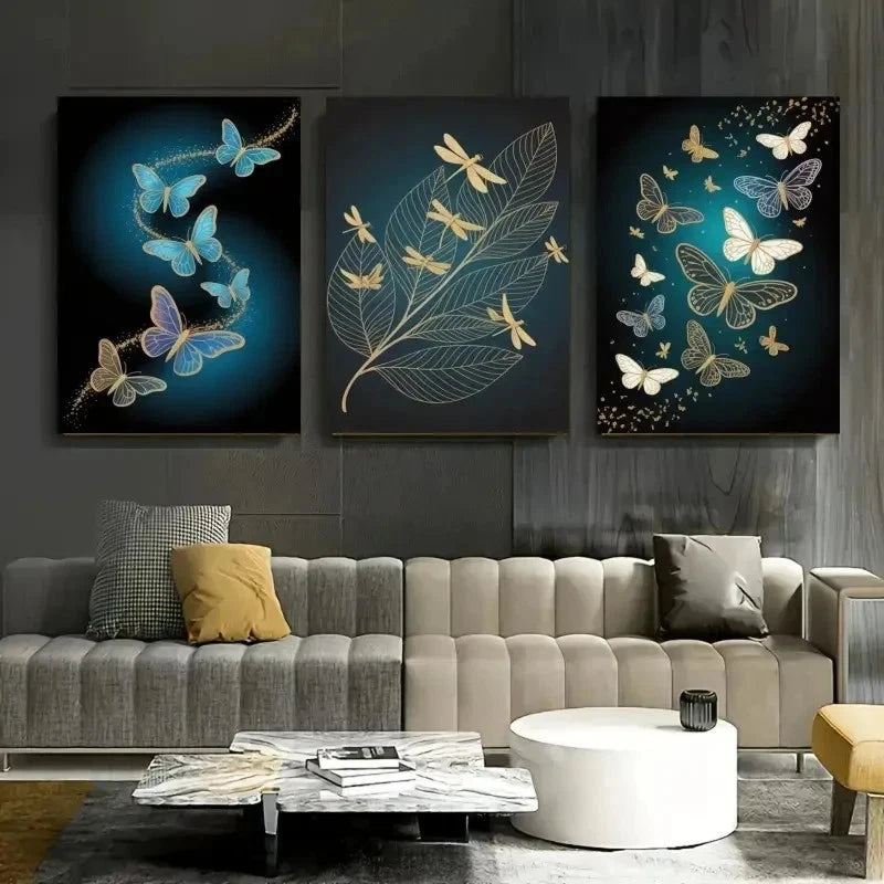 3pcs Butterflies, Dragonflies, Golden Leaf  t  Wall Art Set Canvas Framed 60x90cm - High Quality Print 100% Australian Made Wall Canvas Ready to Hang - Bella Home Decor