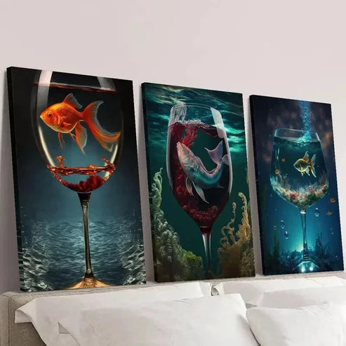 3pcs Aquarium in a Wine Glass Sea Life Wall Art Canvas Unframed – High Quality Print 100% Australian Made Wall Canvas - Bella Home Decor