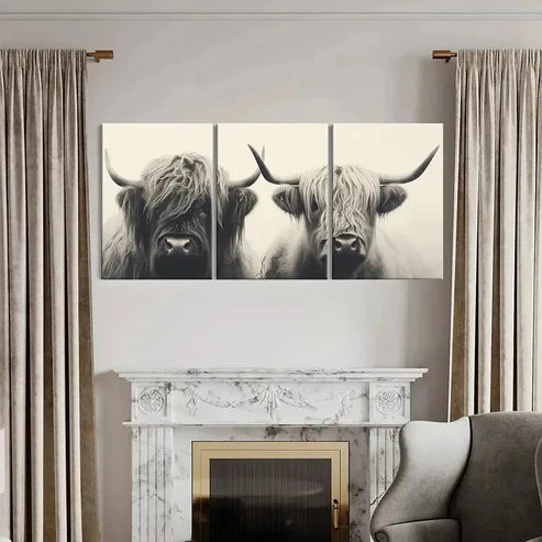 3pcs Highland Cattle Vintage Painting Wall Art Set Canvas Unframed - High Quality Print 100% Australian Made Wall Canvas - Bella Home Decor