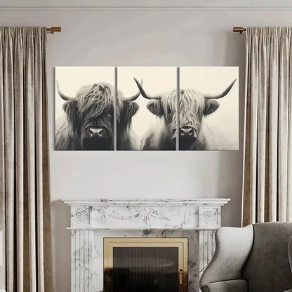 3pcs Highland Cattle Vintage Painting Wall Art Set Canvas Unframed - High Quality Print 100% Australian Made Wall Canvas - Bella Home Decor