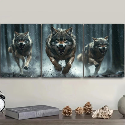3pcs Wolves Running Animal Themed Metal Print Ready to Hang Art - Bella Home Decor