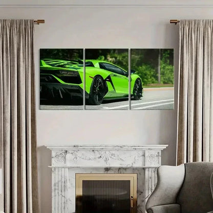 3pcs Green Sports Car & Super Car Themed Wall Art Canvas Unframed - High Quality Print 100% Australian Made Wall Canvas