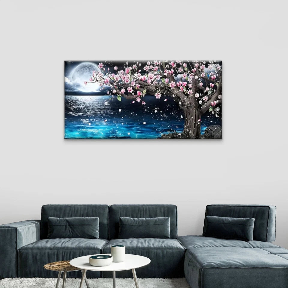 Trees Flowers Moon Water Wall Art Canvas Office Home Room Framed 120x60cm