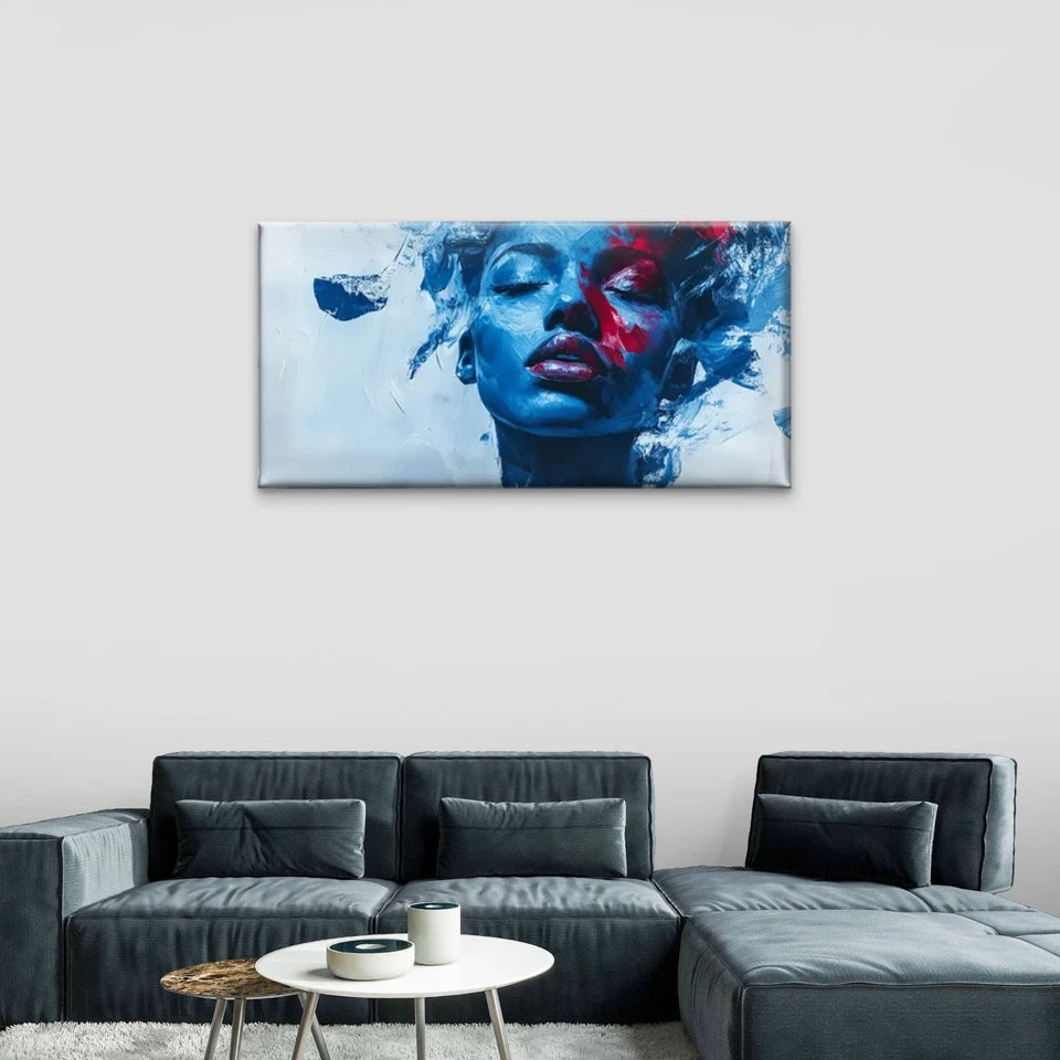 Blue & Red Woman Face Textured Wall Art Canvas Office Home Room Framed 120x60cm