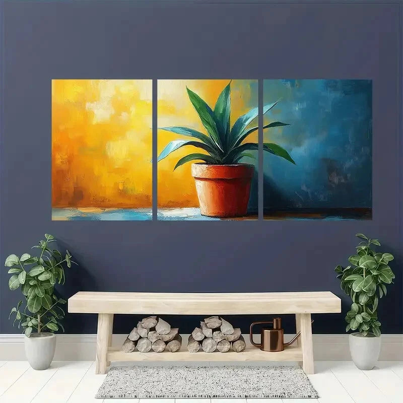 3pcs Vibrant Abstract Potted Plant Theme Metal Print Ready to Hang Art - Bella Home Decor