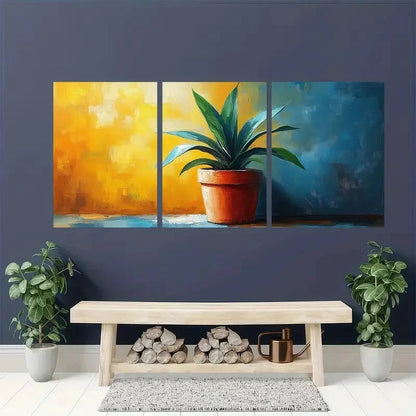 3pcs Vibrant Abstract Potted Plant Theme Metal Print Ready to Hang Art - Bella Home Decor