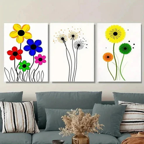 3pcs Vibrant Floral & Dandelion Colorful Flower Wall Art Set Canvas Unframed - High Quality Print 100% Australian Made Wall Canvas