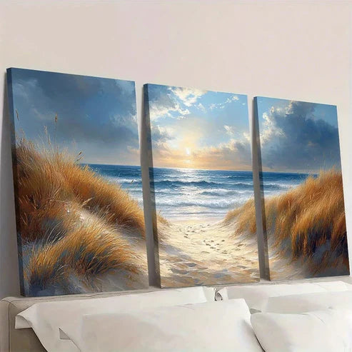 3pcs Blue Sun Beach Grass Ocean Wall Art Set Canvas Unframed - High Quality Print 100% Australian Made Wall Canvas - Bella Home Decor