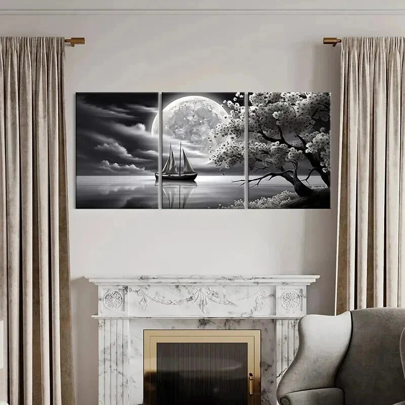 3pcs Boat River Moon Cherry Blossoms Wall Art Set Canvas Framed 40x60cm - High Quality Print 100% Australian Made Wall Canvas Ready to Hang - Bella Home Decor