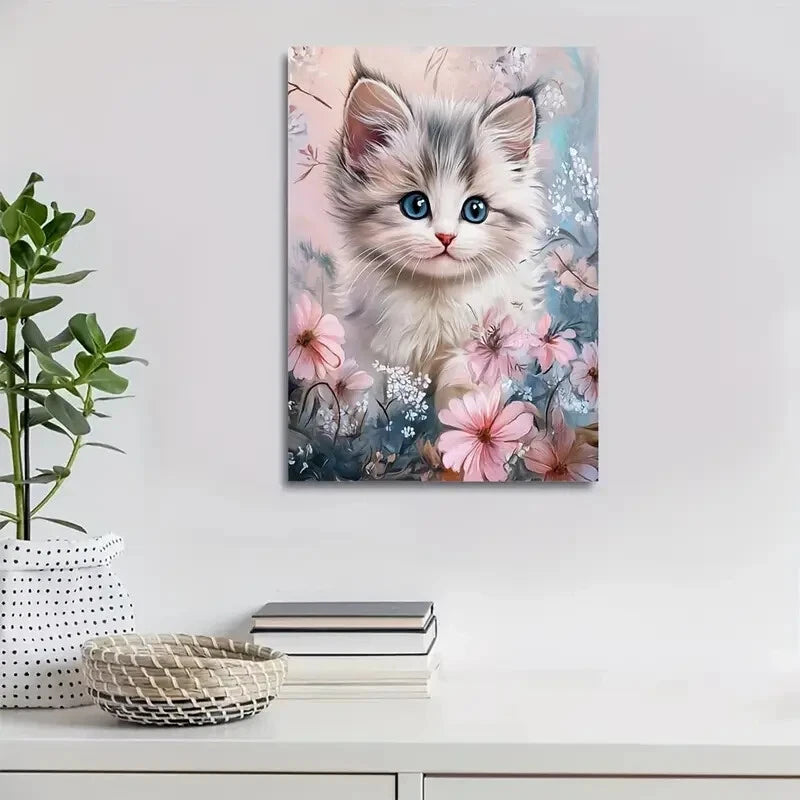 Cute Ragdoll Kitten with Blue Eyes & Pastel Flowers 40x60cm Metal Print Ready to Hang - Bella Home Decor