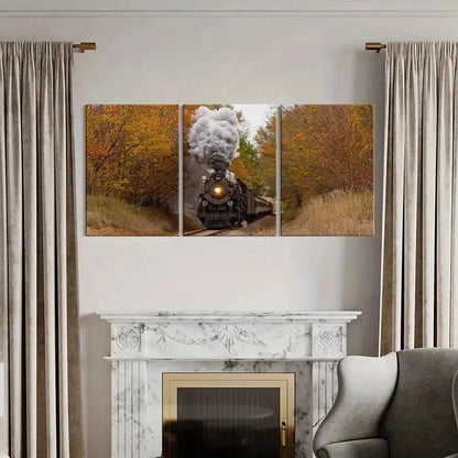3pcs Vintage Steam Train with Autumnal Trees Wall Art Set Canvas Framed 60x90cm - High Quality Print 100% Australian Made Wall Canvas Ready to Hang