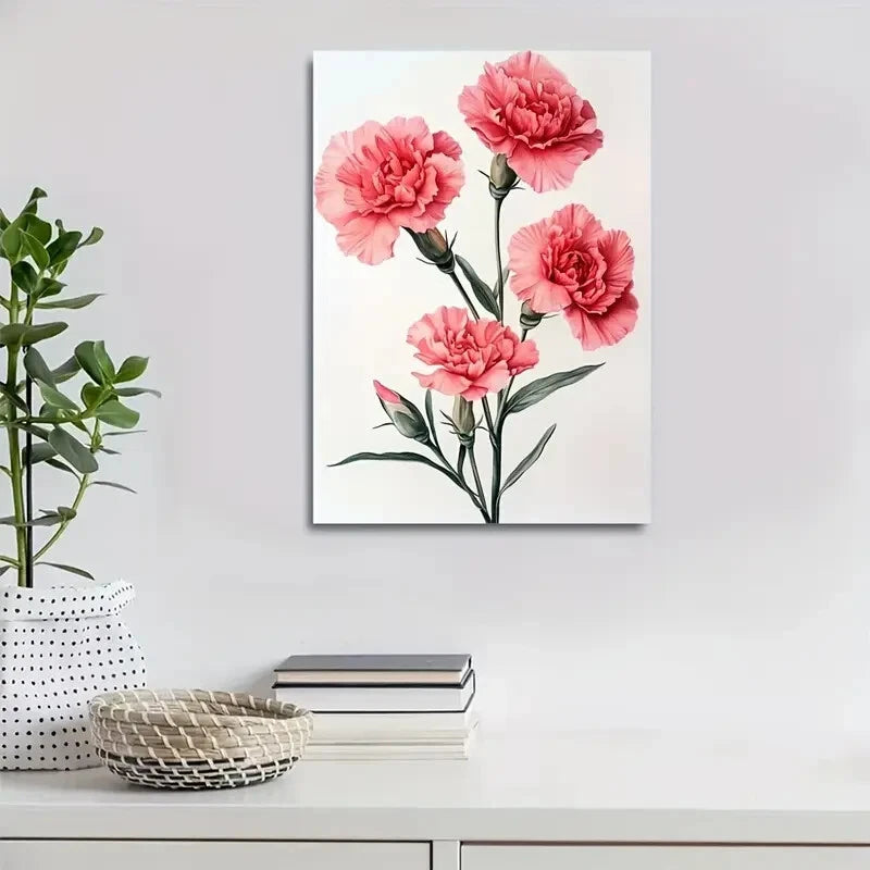 Vibrant Pink Flowers with Green Leaves Painting  40x60cm Metal Print Ready to Hang - Bella Home Decor