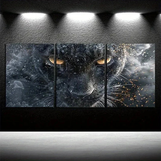 3pcs Black Cat Closeup Modern Wildlife Wall Art Set Canvas Framed 50x70cm - High Quality Print 100% Australian Made Wall Canvas Ready to Hang - Bella Home Decor